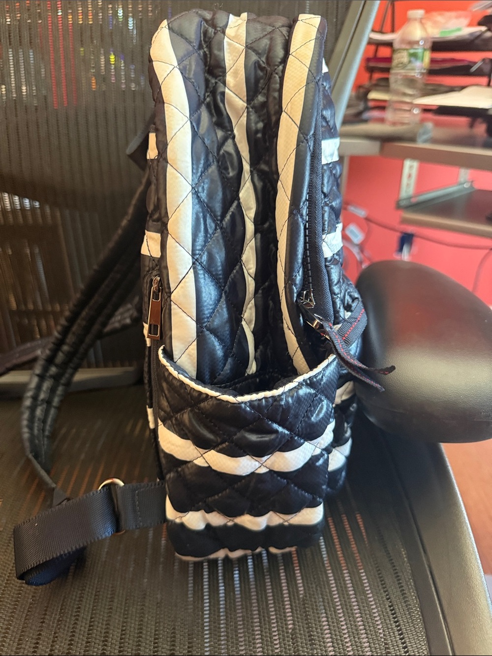 OLIVER THOMAS Quilted Backpack Black White Stripe Red Lining Washable - Picture 3 of 7